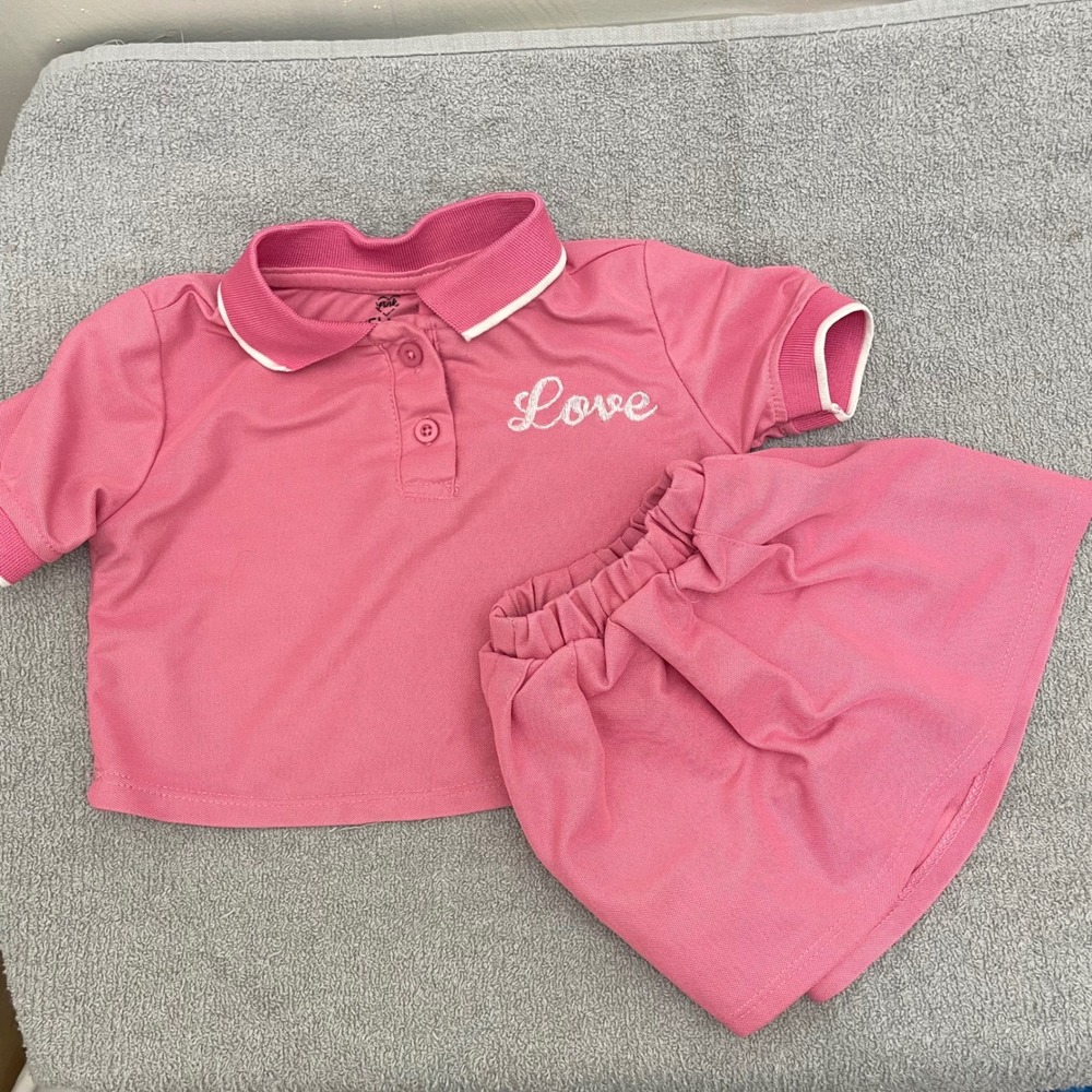 Pink‎ Velvet Girls Pink Polo Shirt and Skort 2 Piece Set Love Embroidery
